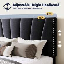 Allewie Full/Queen/King Size Bed Frame With Adjustable Velvet Upholstered Headboard, Rivet-Style Nailhead Trim Detail Platform Bed Frame, Wooden Slat Support, No Box Spring Needed, Easy Assembly, Black - màu đen - Xem 3
