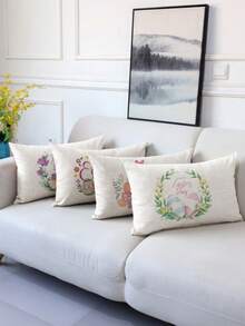 4pcs Easter Style Pillow Covers, Easter Eggs & Bunny Print Pattern, Vintage Linen Material Cushion Cases, Hidden Zipper Closure, Machine Washable, Home Decorative Throw Pillow Covers For Sofa, Living Room, Bedroom, No Pillow Insert - Multicolor - View 3