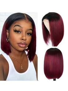 【短发假发】13x4蕾丝前假发，真人发波波头假发，女士款 - 200%密度，打造逼真前额效果，直发，发际线和分缝无需胶水固定，直发波波头真人假发，短款波波头假发，#1/99J色，200%蕾丝前假发，直发真人发假发，13x4透明蕾丝前假发，女士款，预先拔毛，自然发际线，渐变纹理，适合爱美人士 - S1/99J - 查看 2