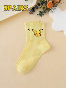Pokemon 1/3/5 Pairs Cute Cartoon Print Breathable Soft Mid-Calf Socks, Reinforced Heel And Toe For Durability, Unisex For All Seasons - Multicolor - View 9