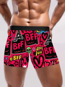 男士平角内裤 1 件装 - “BFF”涂鸦印花内裤，饰有巴黎埃菲尔铁塔和爱心图案，俏皮时尚，日常穿着亦可作为送给好朋友的礼物 - 黑色 - 查看 1