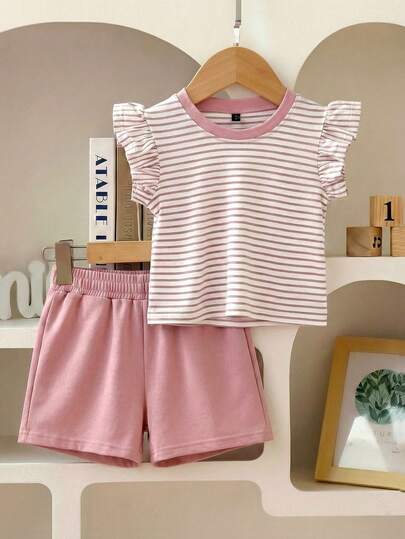 2pcs/Set Girls Toddler Summer Striped Butterfly Sleeve Outfit, Sweet Pink & White Striped Top Paired With Solid Color Shorts