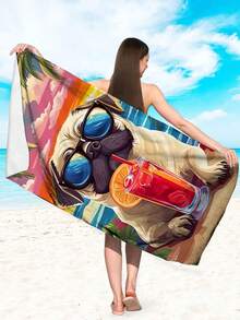 1pc Dog Drinking Beverage Printed Beach Towel, Super Soft Microfiber, Lightweight & Quick Dry, Summer Beach Mat, Large Pool/Bath Towel, Suitable For Beach, Swimming, Fitness, Camping, Yoga, Holiday Gift Bathroom Decor - A - View 3
