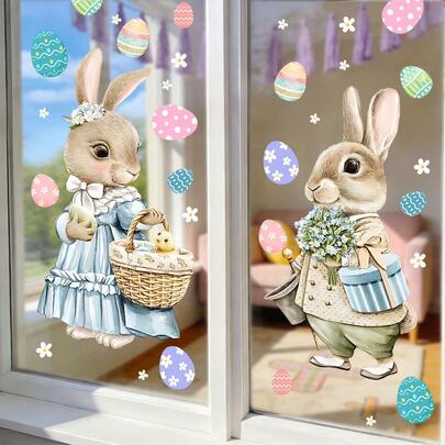 1/2 piezas Adorable película de ventana de conejito de Pascua, conejito con cesta de huevos y flores, adhesivos estáticos removibles y reutilizables de PVC para decoración del hogar, oficina, puerta de vidrio y feriados.