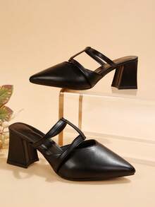 FVPFVP 2025春夏新款尖头粗跟套脚凉鞋，户外穿着，时尚百搭女鞋 - 黑色 - 查看 6