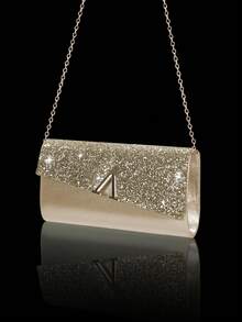 闪亮奢华女士亮片手拿晚宴包，V形金属翻盖包，信封包时尚派对包，女士舞会手提包，女士新娘晚宴包，舞会手提包，闪耀奢华钻石首饰套装，闪亮项链、耳环和手链套装，适合搭配闪亮晚礼服、婚纱和派对礼服 - 金色 - 查看 4