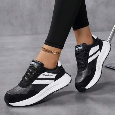 [Spring Bestseller] Black & White Contrast Color Thick Sole Chunky Sneakers For Women, Retro Patchwork Breathable Athletic Shoes, Platform Casual Shoes, Ins Style Commuting & Everyday Wear, Soft Sole Non-Slip Durable, Petite Student Daily Outfit Essential