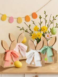 12个/28个/79个（24套）复活节兔子礼品袋，包含兔耳朵牛皮纸袋、4卷丝带、50个彩色绒球棕色兔子图案礼品包装袋，适用于春季生日、复活节礼物、复活节派对装饰。 - 彩色 - 查看 2