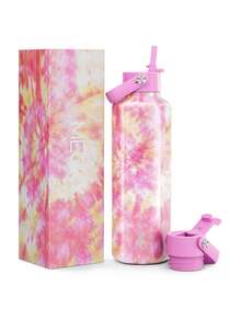 24盎司保温水瓶，双吸管盖，24小时保冷，防漏，不锈钢真空保温咖啡杯，旅行杯，双层不锈钢运动水瓶，适合户外、健身房、旅行和上学使用 - 粉紅色花紋 - 查看 11