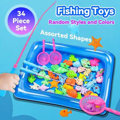 34pcs Fishing Toy Set, Including Fishing Pool, Fishing Rod & Net, 3D Fish (Styles & Colors Random), 1-4 Players Family Game Party, Friends, Team, Travel, Suitable For Halloween/Christmas/New Year/Birthday Gift