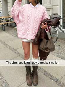 FOR BEAUTY 女士新款纯色圆领落肩长袖针织衫，宽松时尚扭结设计，适合新年休闲穿着，粉色 - 粉色 - 查看 7