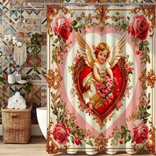 ستارة دش بتصميم قلب كيوبيد الورد الأنيق مع خطافات، ستارة حمام رومانسية فيكتورية، ستارة حمام مزينة بإطار كيوبيد والزهور لديكور حمام عيد الحب، إكسسوارات حمام فاخرة باللون الذهبي، لوازم حمام منزلية أنيقة كلاسيكية، ستارة حمام احتفالية رسمية، ديكور منزلي لا يزول، ستارة حمام فاخرة عالية الجودة - أحمر وأبيض - مشاهدة 12