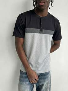 GRDR 1pc Men's Casual Henley Neck Short Sleeve T-Shirt, Summer - Black - View 3