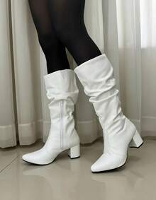 Women's Ruched Boot, Winter Fashion, Lirom Style, With Chunky Square Heel And Comfortable Toe. - White - View 2
