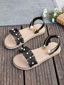 Comfortable Low Heel Bohemian Bowknot Flower Sandals, Soft Sole Suitable With Dresses, Beautiful Beach Shoes - Black - View 7