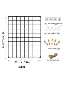 2 piezas Tablero de cuadrícula de pared para fotos, estantería decorativa de metal, pantalla de fotos de pared, para almacenamiento y organización de fotos, con ganchos, pinzas y cuerda de yute, tamaño 18*14 pulgadas y 14*14 pulgadas, opciones en negro y blanco, adecuado para decoración otoñal del hogar y la habitación - Talla única - Ver 3