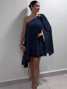 Stylish Women's Short Dress, Ideal For Special Occasions, Parties, Or Elegant Events. - Royal Blue - View 3