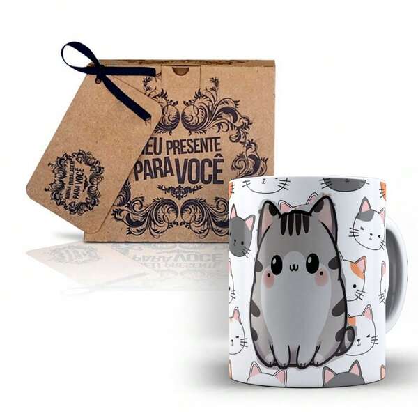 Caneca Branca Minimalista Gatinhos Fofura Felina