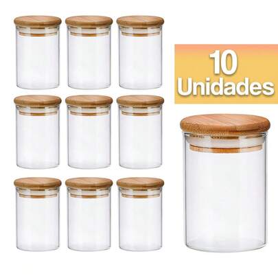 Kit 10 Pote Hermético de Vidro 200ml Com Tampa de Bambu Porta Condimentos Temperos Grãos Cozinha