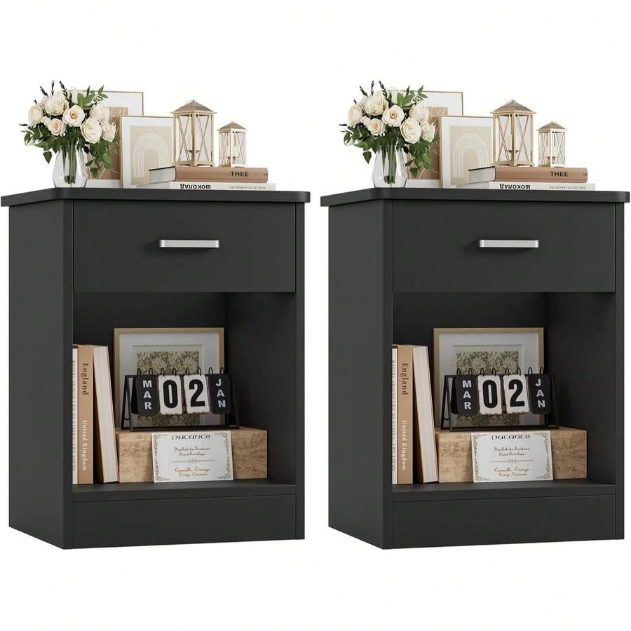 Nightstand, Set Of 2, 2-Tier Side Table With Drawer And Storage Shelf, Bedside Table End Table, Modern Night Stand For Bedroom, Home Office,Black - Black - View 1