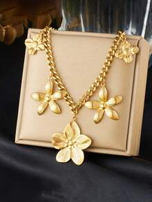 1件装奢华优雅镀金不锈钢五瓣花吊坠项链，配粗链，适合日常佩戴 - 金黃色 - 查看 1