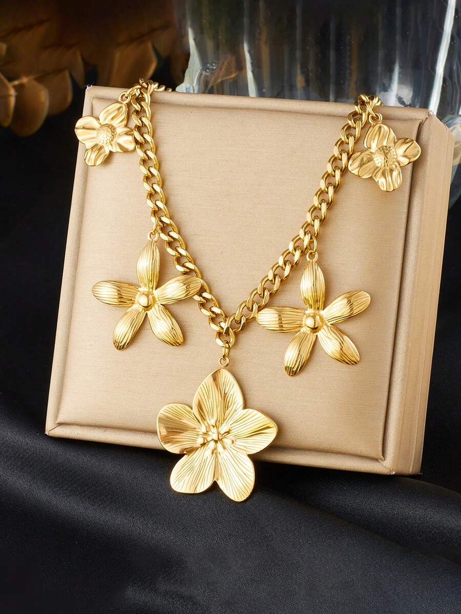 1件装奢华优雅镀金不锈钢五瓣花吊坠项链，配粗链，适合日常佩戴 - 金黃色 - 查看 1