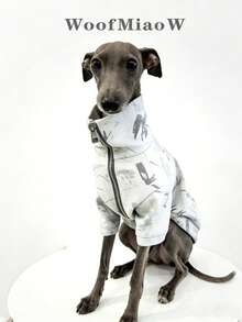 Italian Greyhound Whippet Dog Clothes, Navy Blue Printed Zip-Up Jacket, Windproof Warm Fashionable Pet Apparel - White - View 3
