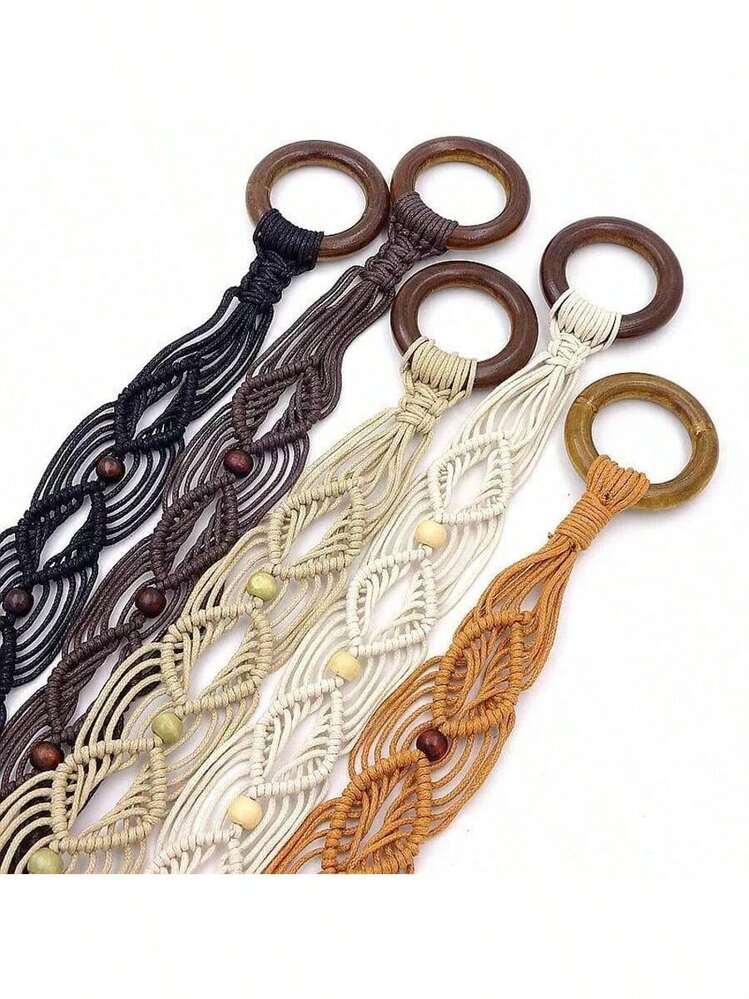 Valentine's Day ,Spring And Summer Fashion Multi-Color Bohemian Retro Style Wax Rope Handmade Wooden Circle Braided Hollow Belt With Dress Belt Summer, School Fall, Autumn, Halloween,Halloween,Belts For Women,Western Belt, Youth,Casual, Outdoor, Athletic, Vacation, Metal Chain Decorative Belt For Women, Simple Yet Versatile Dress, Fashionable Body Chain, Circular Hollow Waist Chain - 彩色 - 查看 2