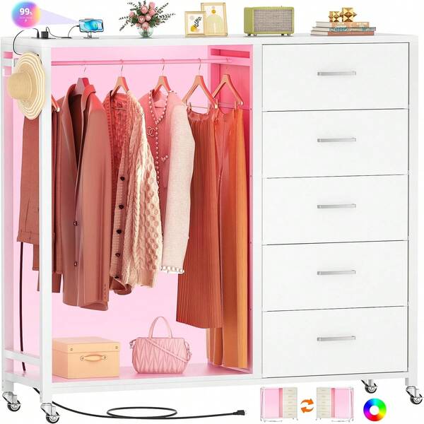 Cómoda con perchero, cómoda con 5 cajones de tela y perchero para ropa, cómoda de madera con superficie superior, estación de carga y luces LED, ruedas con bloqueo, ideal para el armario