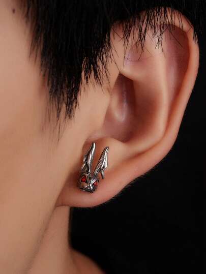 1 pieza Pendientes de inoxidable plateado con estilo vintage, pendientes de botón con forma de conejo de estilo punk para uso diario y como regalo de joyería