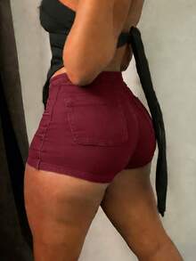 Women's Mid Rise High Stretch Denim Shorts - Light Blue Washed Slim Fit Butt Lifting Hot Pants, American Retro Y2K Style For Daily Wear & Music Festival - Màu Đỏ Sâu - Xem 2