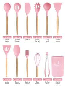 Meoky 12pcs Wooden Handle Silicone Kitchen Utensil Set, Heat Resistant Non-Stick Cooking & Baking Tools, Suitable For Kitchen - Pink - Regular - View 3