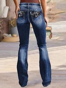 Micro Embroidered Stretch Jeans - Comfortable, Soft, Breathable, Suitable For Casual Denim Women's Wear - Blue - View 1