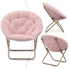 Folding Saucer Chair For Adults With Ottoman, Circle Reading Chair For Bedroom, Living Room & Dorm, Furry Comfy Accent Seat With Metal Leg & Thick Padded For Small Spaces (Pink, 1 Pack) - Hồng/Vàng - Xem 7