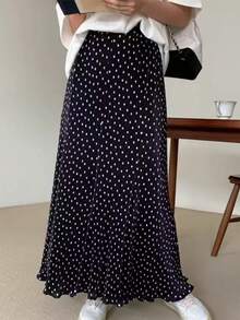 Chic Women's Black Polka Dot Pleated Skirt, Long Ruffle Hem Polyester Skirt For Casual Style Spring - Black and White - View 3