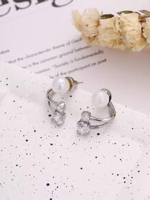 Nooxian 1对时尚简约高光泽仿珍珠耳环，小众优雅水钻双戴耳环，女士礼物 - 銀色 - 查看 2