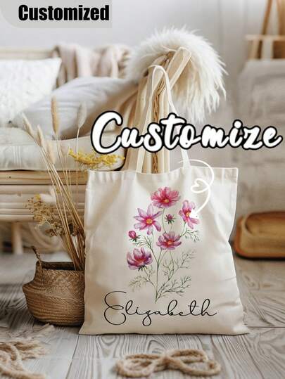 Gift For Mom, Birth Month Flower Personalized Name Canvas Tote Bag, Bachelorette Bridesmaid Gifts, Gift For Her, Wedding Gift For Woman