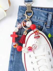1件十字串珠手链钥匙扣，喜庆红色流苏吊坠，红色串珠手链钥匙圈，珍珠水钻串珠手链钥匙扣，防丢腕带吊坠，新年礼物 - 紅色-02 - 查看 7