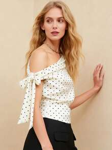 Women Tank Tops Off One Shoulder Sleeveless Dot Print Ruched Summer Crop Going Out Vest - White - View 2