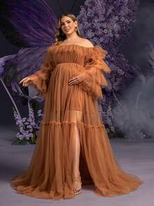 Faeriesty Elegant Maternity Plus Size Soft Brown Off-Shoulder Bell Sleeve Maxi Party Gown | Sheer Mesh & Tulle Fabric, Ruffle Detailing At Neckline Spring - Rust Brown - View 8