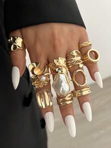 Set de 12/3 piezas de anillos de mujer vintage elegantes de estilo bohemio con diseños geométricos asimétricos y perlas, de metal, aptos para uso diario, fiestas, citas, vacaciones, bodas y regalos de festivales - Dorado - Ver 2