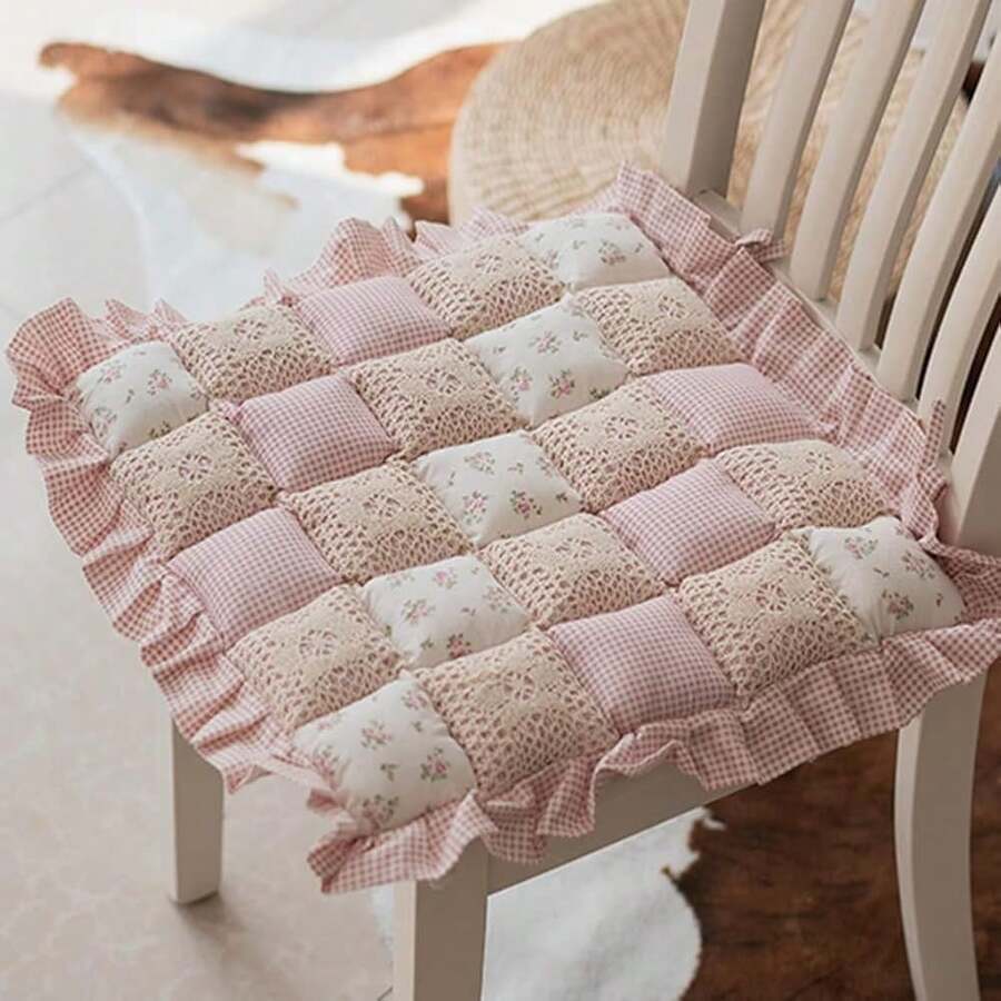 Vctops Lace Patchwork Chair Pad Cushion With Ties, Elegant Ruffle Edge Decorative Cushions Farmhouse Floral Pattern Square Seat Cushion For Kitchen Dining Room Office (Type A,16\X16\) - Typea - 查看 1