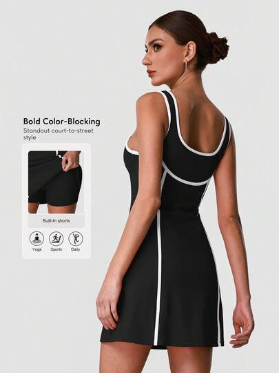 Sodalemon Women's Contrast Color Fitness Yoga Dress With Elastic Splice Lining Shorts, Training Gym Outdoor Casual Sports Dress Black Summer