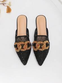 Women's Elegant Black Mesh With Metal Buckle Flat Pointed Toe Mule Slippers (Shoe Upper Pattern Is Random Basic Style) - Black - View 3