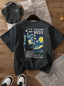 女士休闲T恤，灵感源自梵高的《星夜》和1853年的数码印花图案，舒适的春夏上衣，时尚圆领短袖，大码短袖款 - 深灰色 - 查看 6