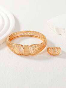 2pcs Rose Gold Plated Grid Flower Bangle & Ring Set, Heart Matte Textured Bracelet & Ring Jewelry Set, Daily Stacking, Ideal Gift For Ramadan - Rose Gold - View 3