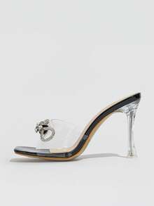 Women's Classic Slippers, Transparent Heel Rhinestone Bow Slip-On Mules, Peep Toe High Heel Sandals, Breathable Party Sexy Shoes, Black - Black - View 5