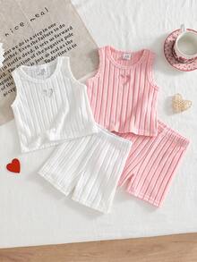 Conjunto de 4 piezas de estilo dulce para niñas bebé, conjunto de verano, incluye top acanalado con corazón hueco y transpirable + 2 shorts sueltos, adecuado para bebés de 0-1-2-3 años, bebé niña de 6-9 meses, para uso al aire libre, casual, fiesta, regalo de cumpleaños, regalo de vacaciones - Rosa - Ver 1