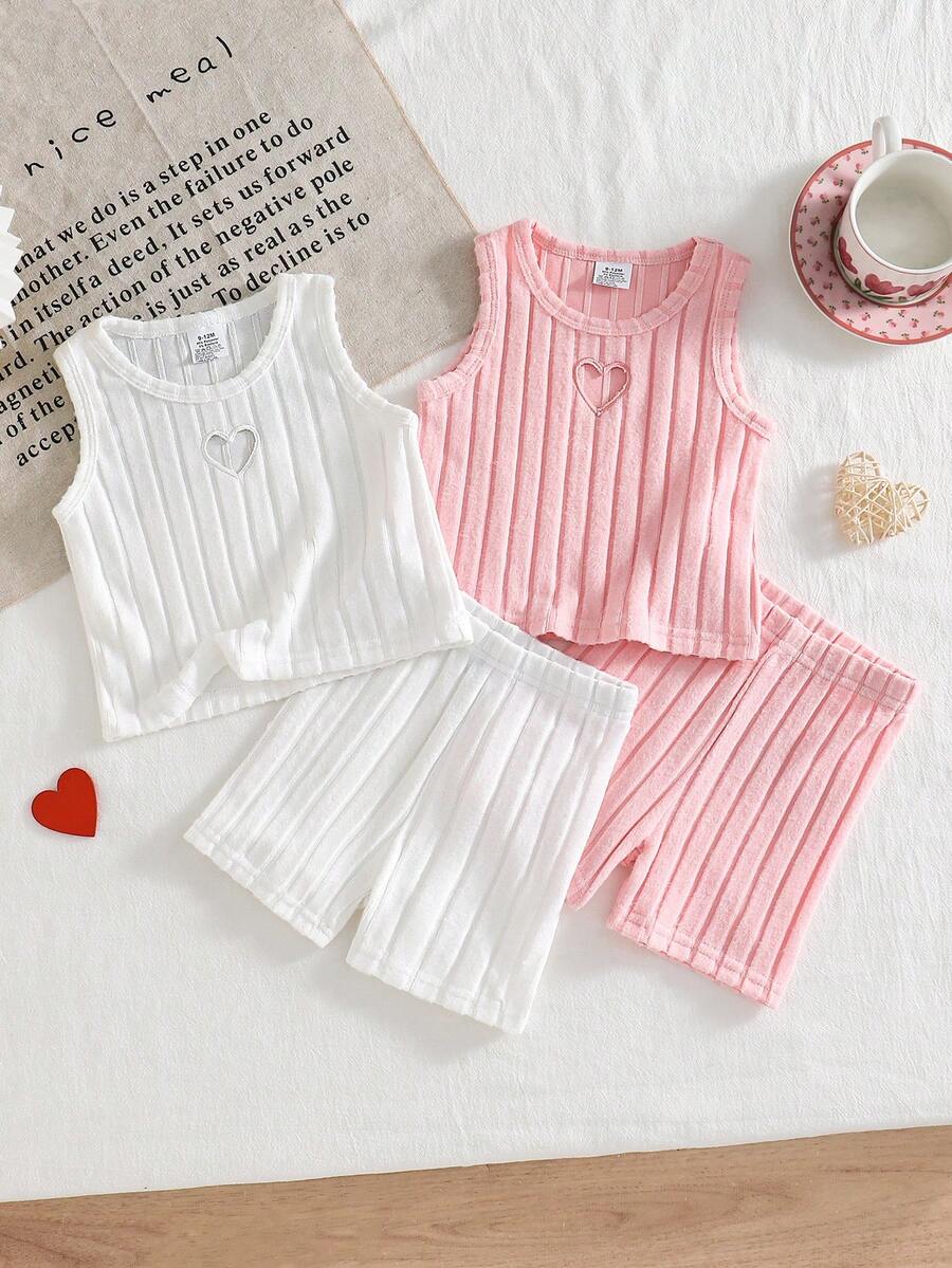 Conjunto de 4 piezas de estilo dulce para niñas bebé, conjunto de verano, incluye top acanalado con corazón hueco y transpirable + 2 shorts sueltos, adecuado para bebés de 0-1-2-3 años, bebé niña de 6-9 meses, para uso al aire libre, casual, fiesta, regalo de cumpleaños, regalo de vacaciones - Rosa - Ver 1