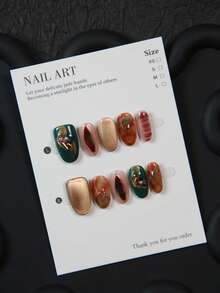 10 Stücke handgefertigtes mandelförmiges Nagelkunst Zubehör, Acryl Nagel Sticker mit barocken grünen Edelsteinen, goldener Katzenaugen-, Teufelsaugen-Designs, geeignet für Partys, Hochzeiten, Alltagsgebrauch, inklusive Werkzeug-Set, tolles Geschenk für Frauen Nägel Nagelzubehör - Grün - Übersicht 11